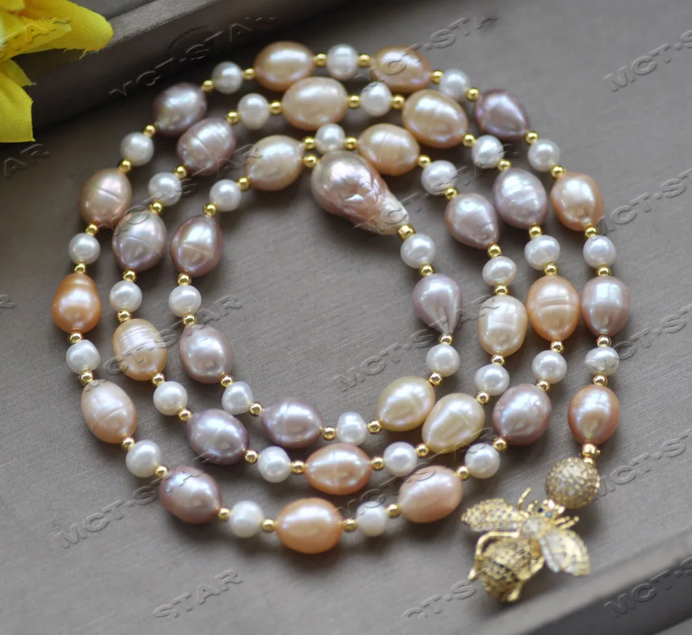 

31-дюймовое белое, розовое, лавандовое, круглое ожерелье из рисового жемчуга, подвеска из лавандового жемчуга Кеши с фианитом (Z12632)