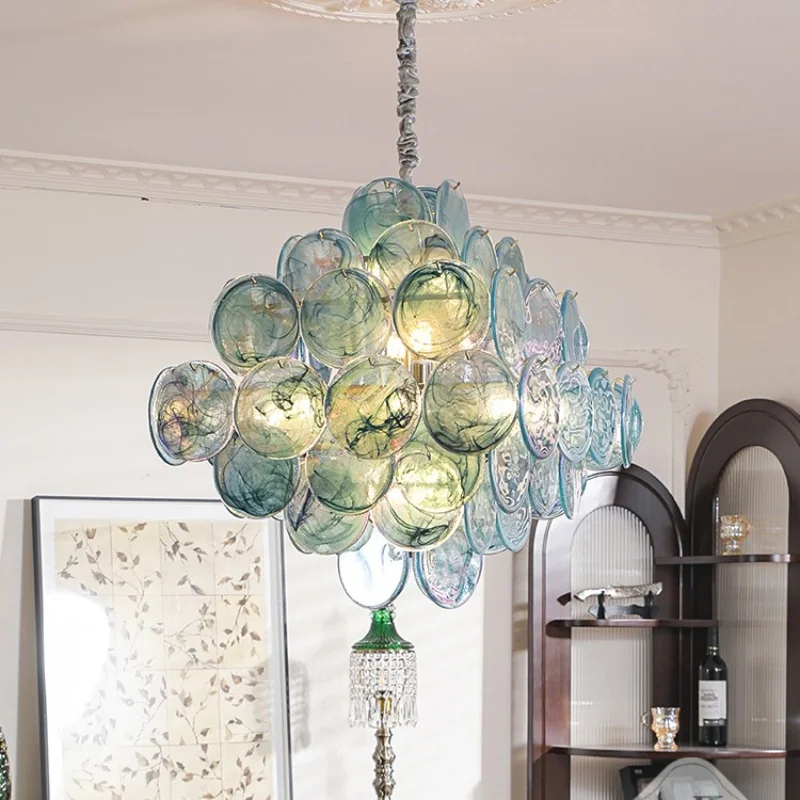 

French pendant light, luxurious, luxurious, grand, antique glass villa, duplex staircase, living room, main light