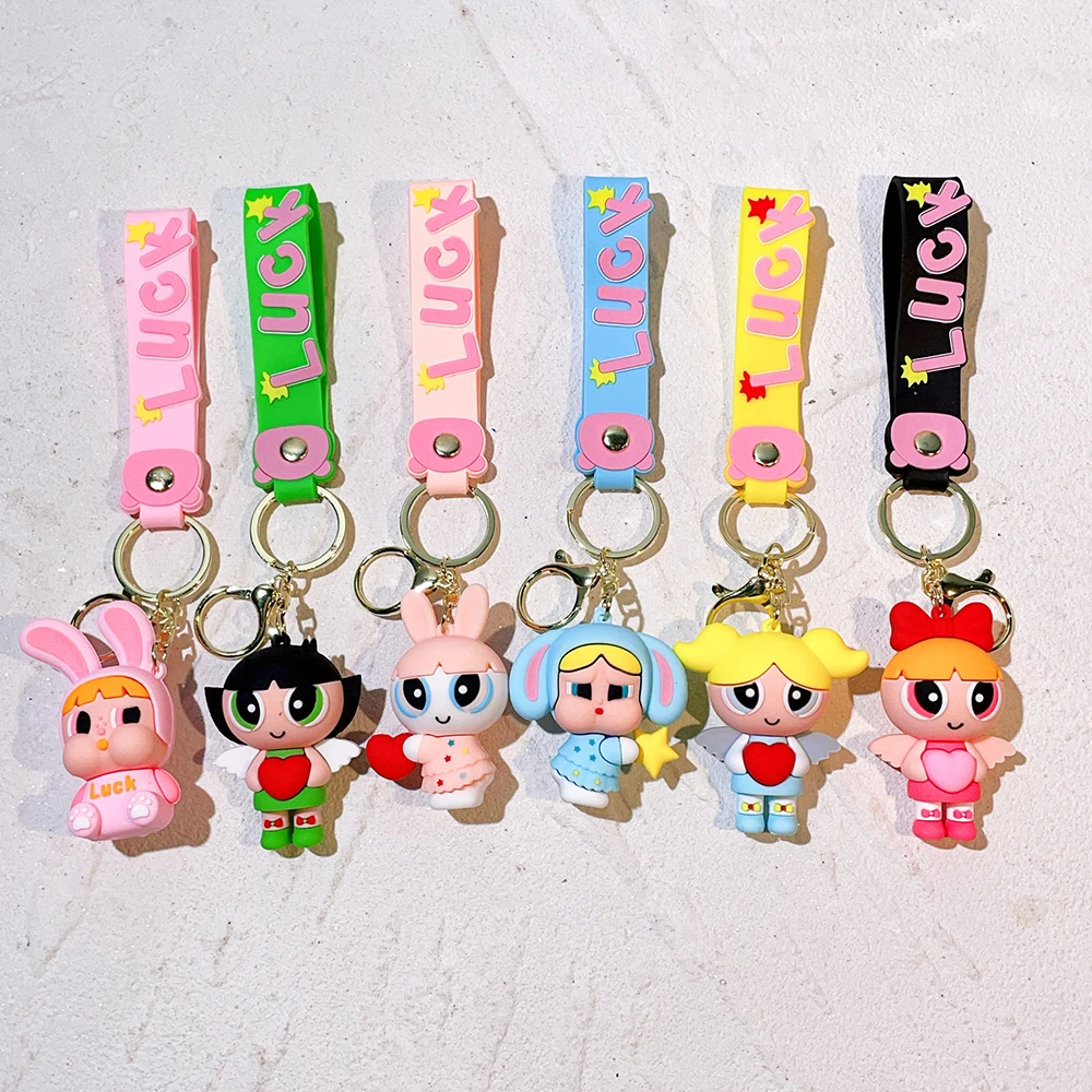 Anime Cartoon The Powerpuff Girls Keychain Cute Super Policewoman Keyring Couple School Bag Car Key Pendant Small Gift