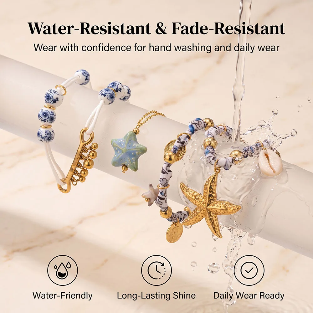 1pcs 18K  Adjustable Chain Blue Ceramic Flower Bead Starfish Shell/Star Necklaces For Women Daily Jewelry Gifts Accessories Bulk