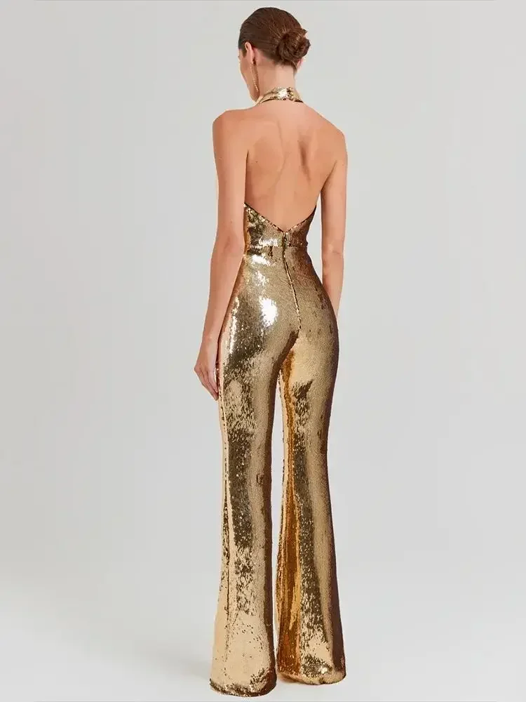 DEIVE TEGER  2024 New Summer Women\'s Gold Sequins Luxury Tight jumpsuit Sexy Deep V-neck Off Back Pants Elegant Party jumpsuit