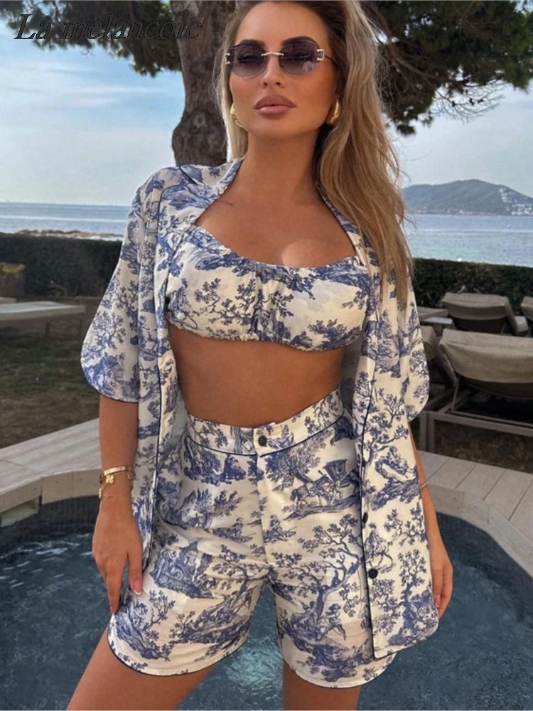 Ink Print Shorts Sets Woman Retro Fashion Three Piece Set  Outfit 2024 Summer New Button Up Casual Shirt+High Waisted Shorts