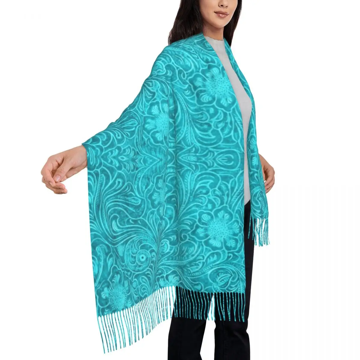 Fashion Turquoise Leather Texture Look Tassel Scarf Women Winter Warm Shawl Wrap Ladies Embossed Floral Pattern Scarves