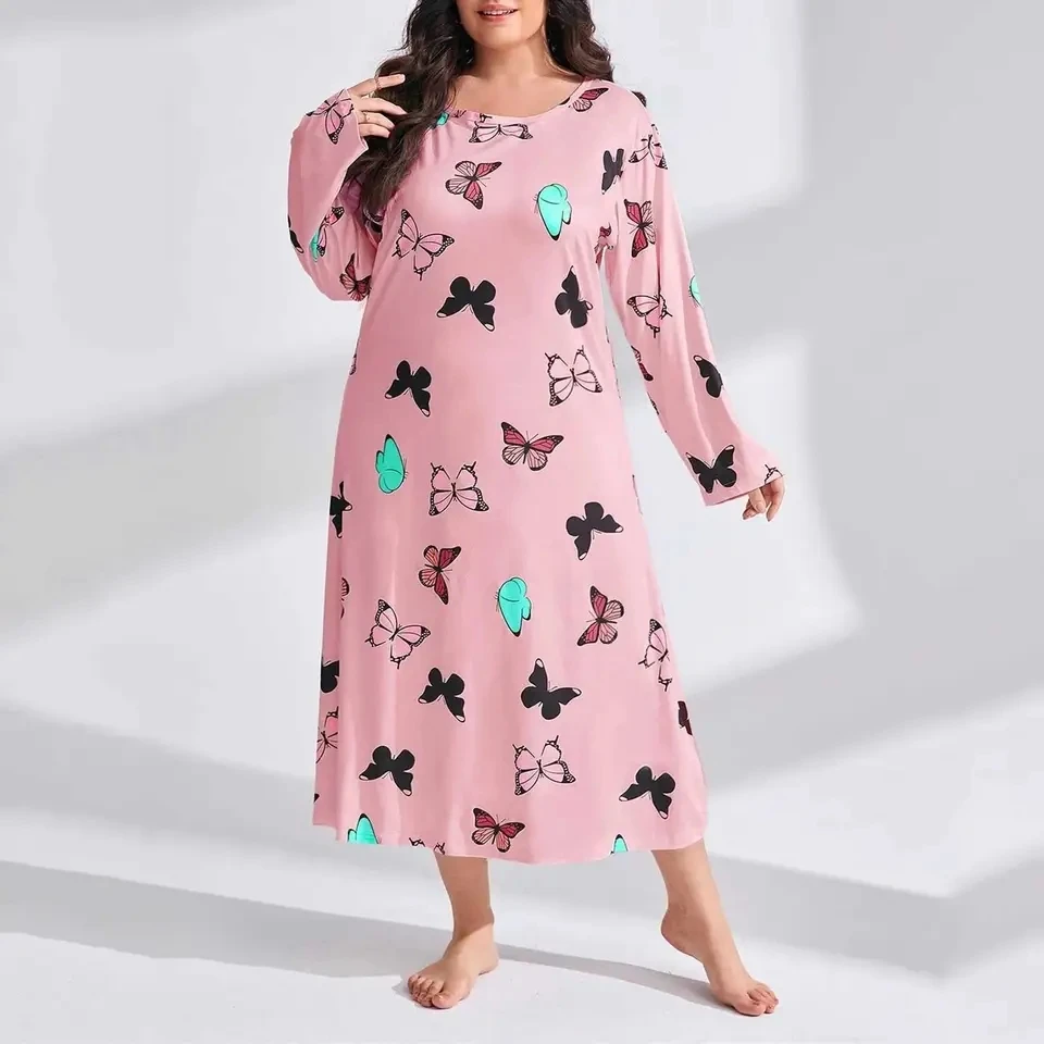 Elegant Fashion Women Long Sleeve Sleepwear Long Dresses Loose Clothes Plus Size Women's Butterfly Heart Print Sleepwear Dress