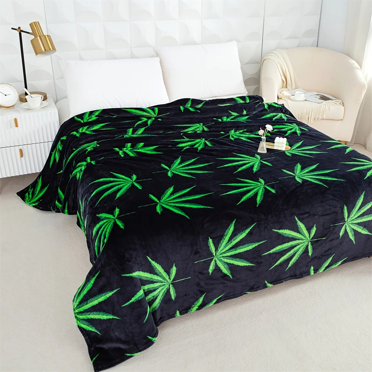 Neon Green Cannabis Leaf Blanket - Bold Black & Green Marijuana Print Design for Weed Enthusiasts & Cozy Lounging