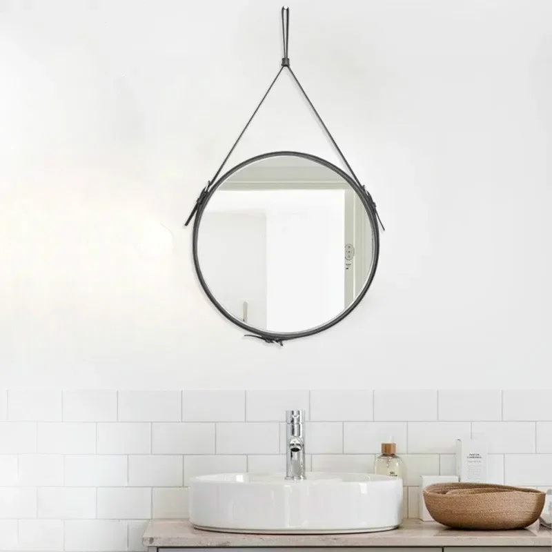 Creative Round Belt Hanging Mirror PU Leather Frame Bathroom vanity Makeup Mirror Hotel Home Decoration Wall Mirrors  WJ606