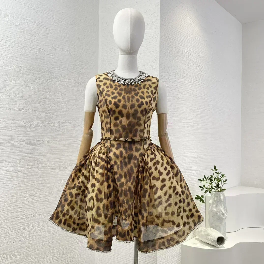 New Collection Brown Leopard Print Sleeveless Pleat Ruched Diamonds Mini Dress for Holiday