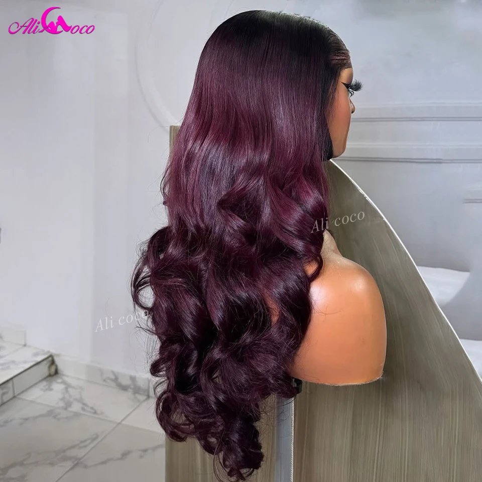 

Ombre 1B Purple Colored Body Wave 13x4 Lace Front Wigs Pre Plucked 180 Density Dark Purple Colored Lace Front Human Hair Wigs