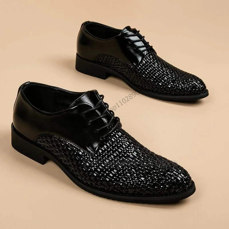 

Black Knitted Design Fretwork Strappy Men Shoes Fashion Lace Up Male Shoes Luxury Handmade Party Banquet Office Men Dress Shoes