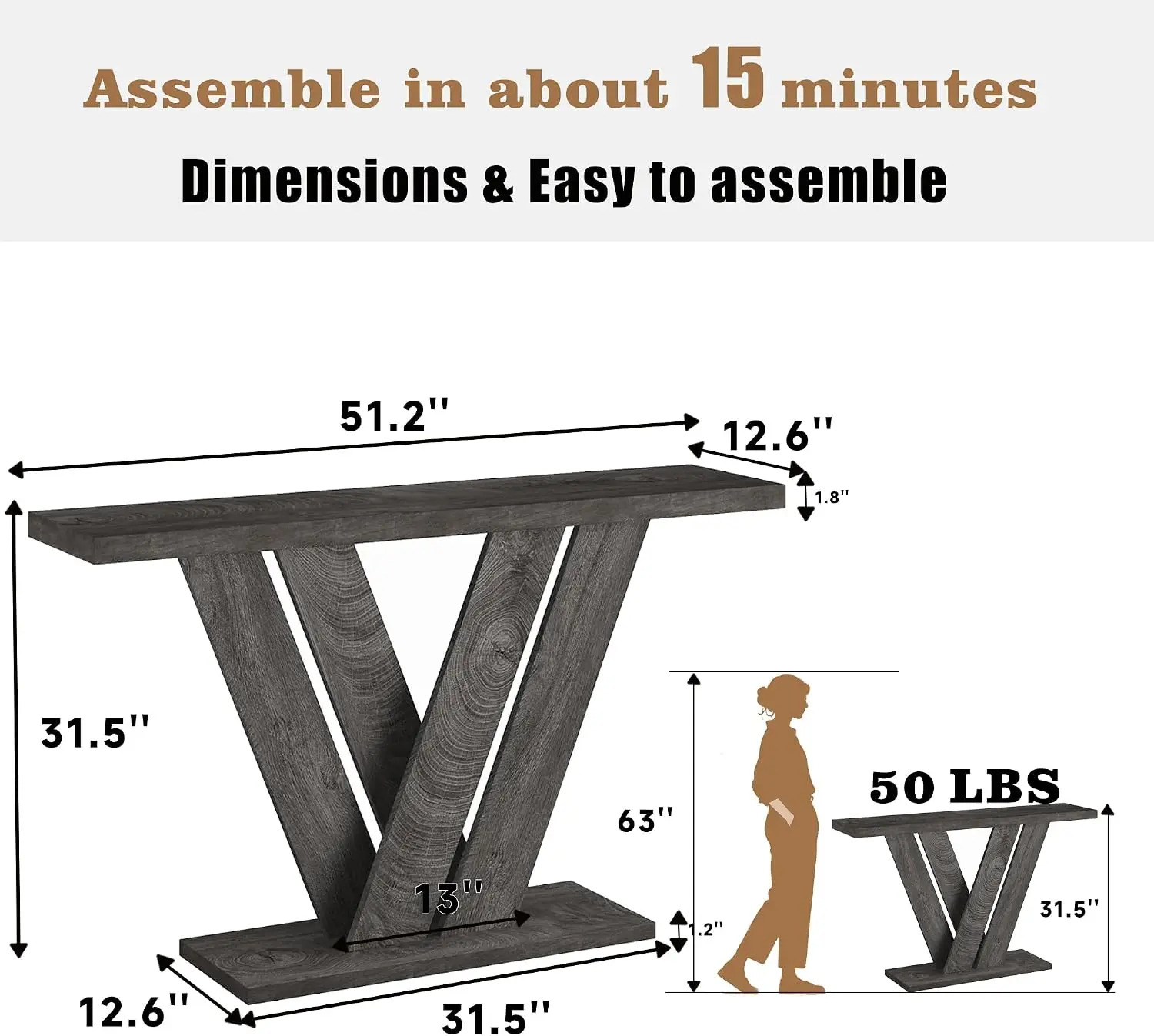 51 Inch Console Table, Modern V-Shaped Entryway Table, Wood Sofa Table Behind The Couch for Living Room, Hallway, Entrance, Foye