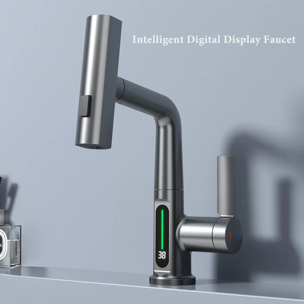 Pull out basin faucet with digital display of hot and cold temperatures, 360 degree rotating faucet