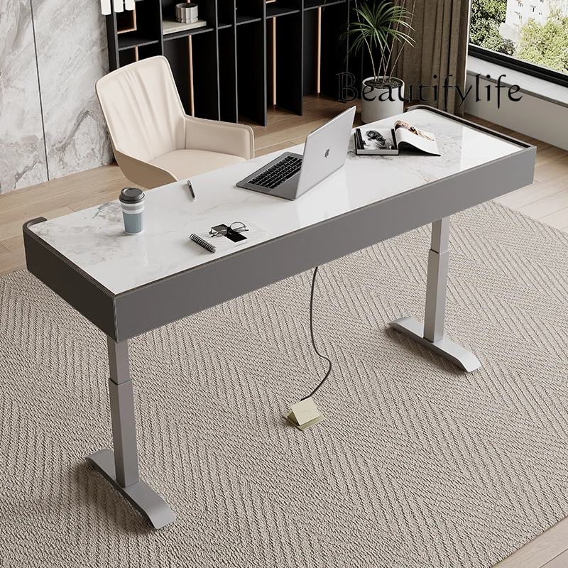 

Italian minimalist electric lifting desk light luxury rock slab home desk bedroom solid wood computer desk