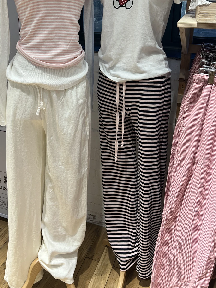 Damskie spodnie dresowe ze sznurkiem, w różowe paski, dopasowane, z bawełny, z średnim stanem, luźne spodnie typu flare, letnie, w stylu preppy, vintage, Y2k, nowe.