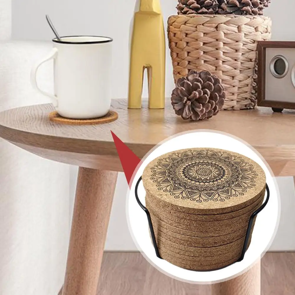 Nordic Mandala Patroon Ronde Kurk Onderzetters Met Houten Rack Stand Mat Decor Pad Mok Absorberende Cup Glas Drankjes Houde S7e8