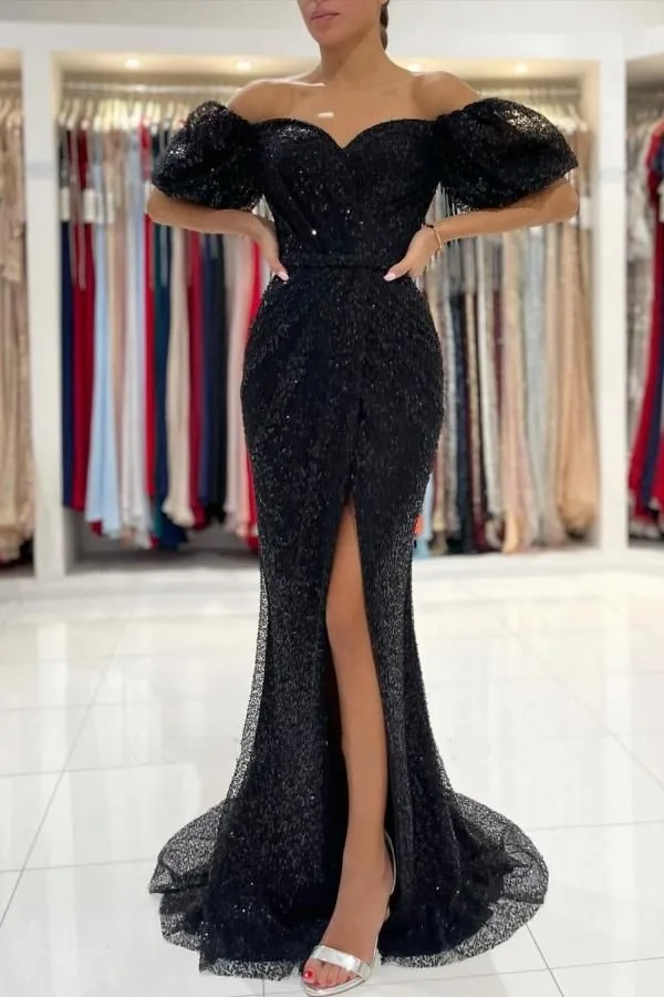 

Black Evening Dresses Glitters Seuqined Bling Bling Long Off Shoulder Puffy Short Sleeves Mermaid Prom Gown Front Slit Party