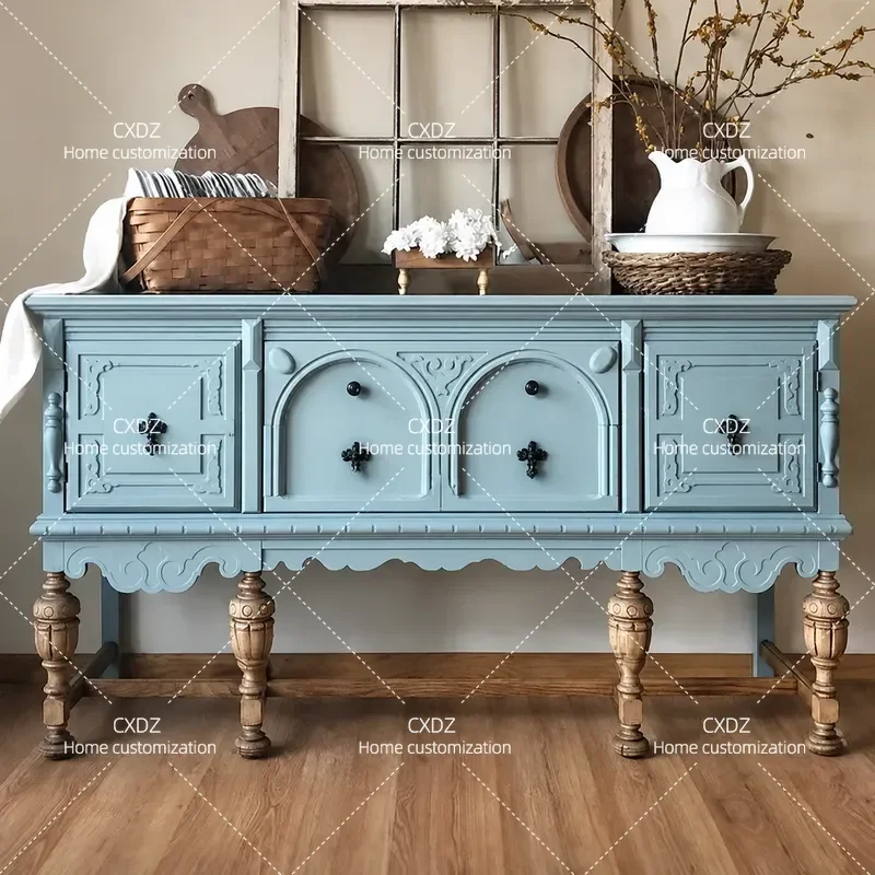 Solid Wood Retro Carved Entrance Cabinet Foyer Storage Decorative Side Locker with Contrast Color Finish for Home Entryway