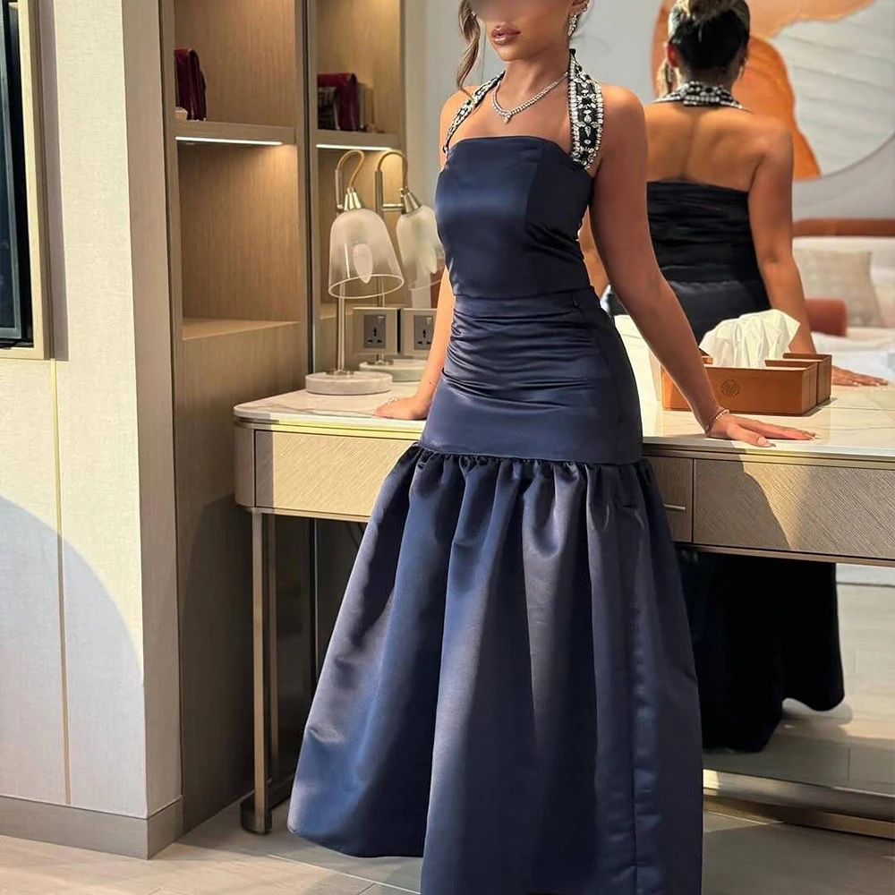 

Arabic Evening Dresses Halter Sleeveless Mermaid Prom Dress Beading Blue Gala Birthday Party Gown Customized robes de soirée