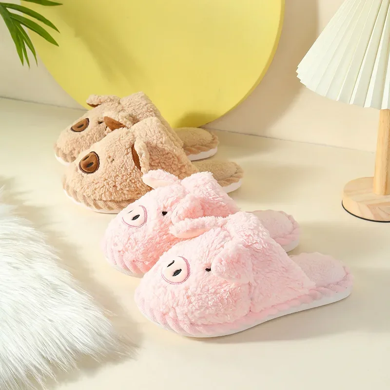 Woman Winter Cotton Slippers New Cut Lovely PIg Faux Fur Warm Slides Plush Slippers Couples Soft Sole Indoor Fluffy Slippers56