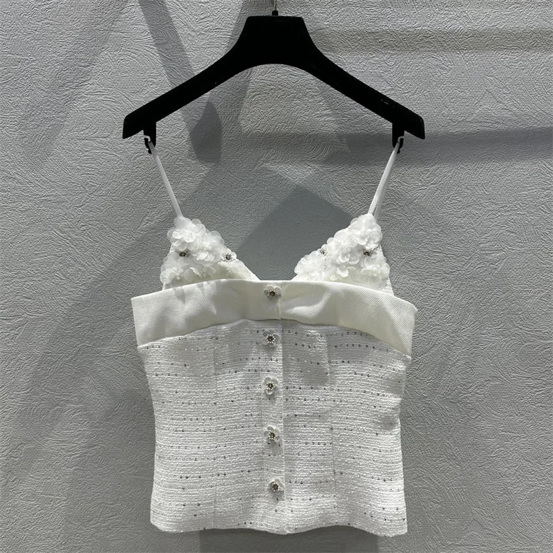 

Women's vest New 3D floral button sleeveless top for autumn 2025 Strap slim fit Tank top Women's corset Sexy backless crop top