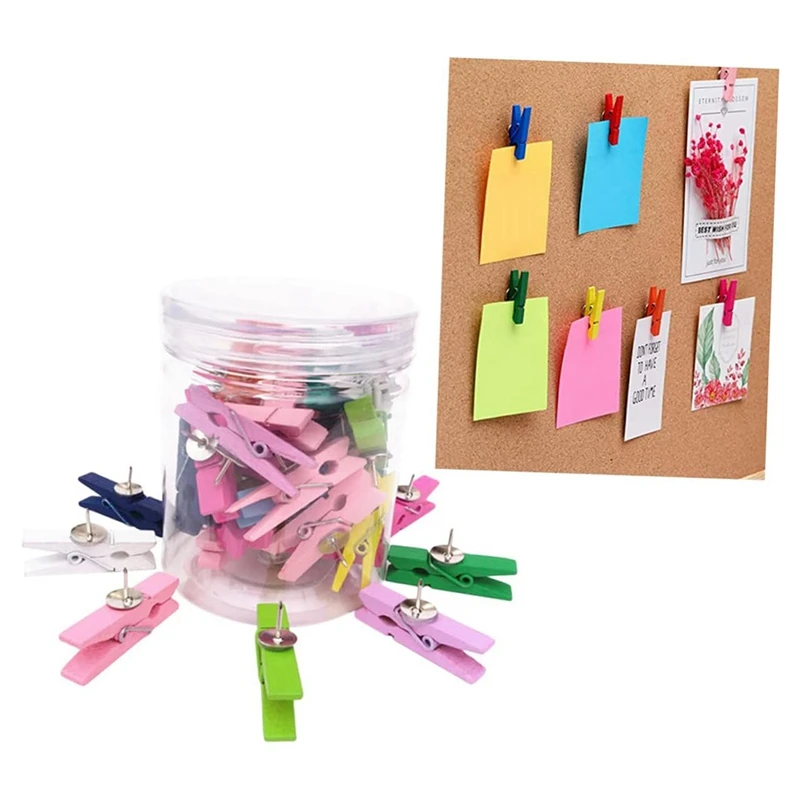 50 قطعة دبابيس الضغط الخشبية ومسامير الإبهام مشابك ورق الحرف الزخرفية للملاحظات والصور ولوحات الفلين ألوان عشوائية
