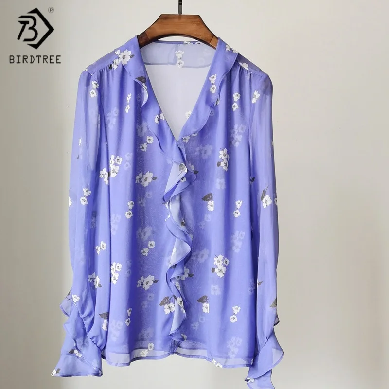 Birdtree,100% Real Silk Print Blouse,Women's Double Layer V-neck Tops,Full Sleeve Shirts,2025 New Loose Purple Shirt T5D405JF