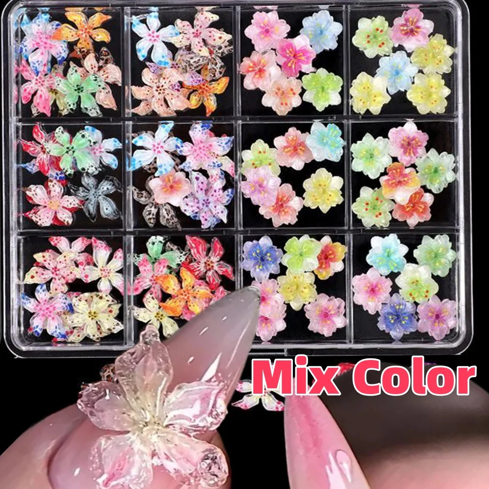 12Grids 3D Mixed Lily Flower Cherry Blossom Nail Charms Multicolor Resin Spotted Floral Sakura Nail Decoration DIY Nails Supplie