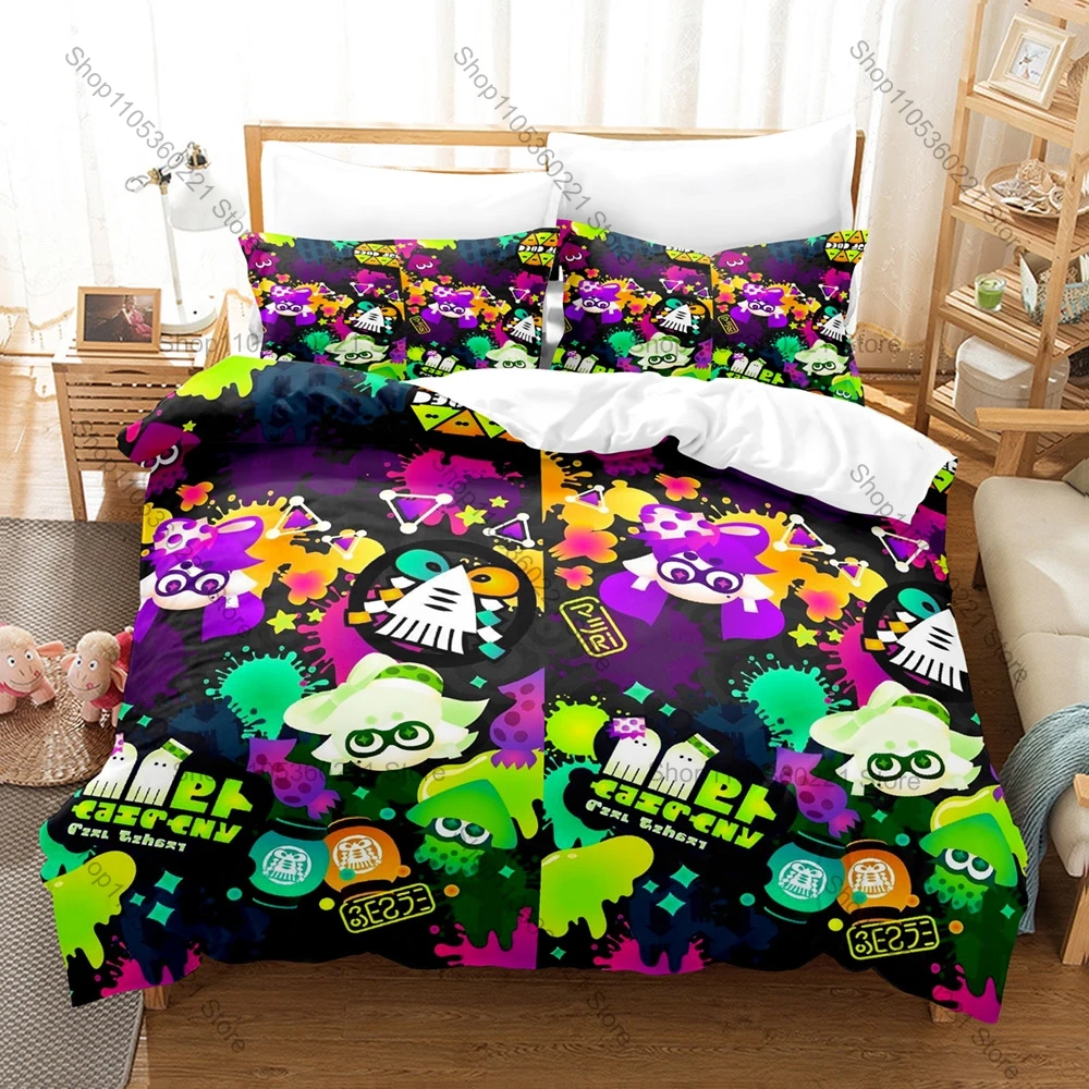 Splatoon Inkling Squid Bedding Set, Duvet Cover & 2 Pillowcases, Colorful Squid Design Breathable Fabric All Season Use