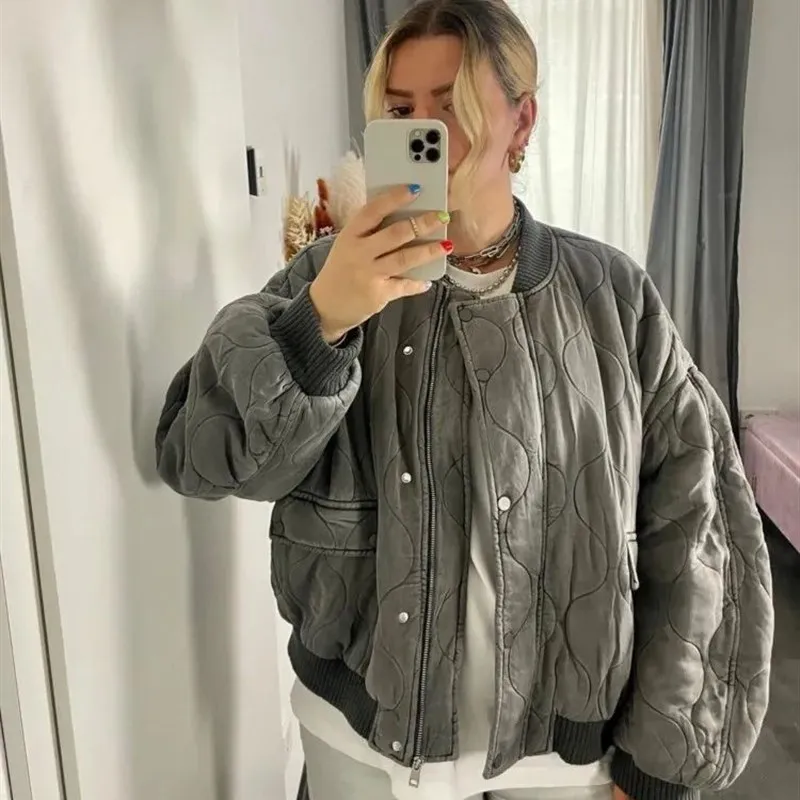 

Loose Women's Cotton Bomber Jaet Coat Long One S Sle Casual Comfortable Silk Material Fall Season Faion Ladies' Top