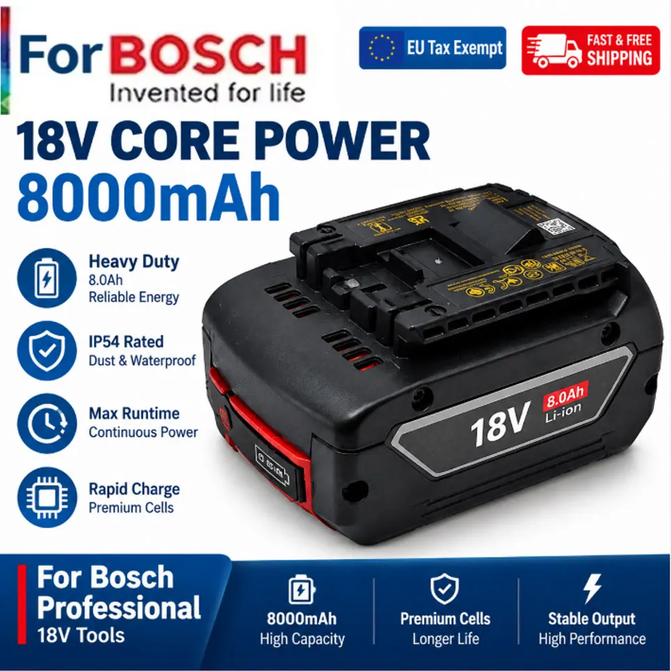 Batterie de remplacement 8000mAh 18V pour système Bosch 18V, perceuse sans fil GBA18V BAT618 BAT609 BAT620, pack de batterie lithium rechargeable de secours. |   Expédié depuis la Pologne (UE), livraison rapide en 3 à 7 jours ouvrables.