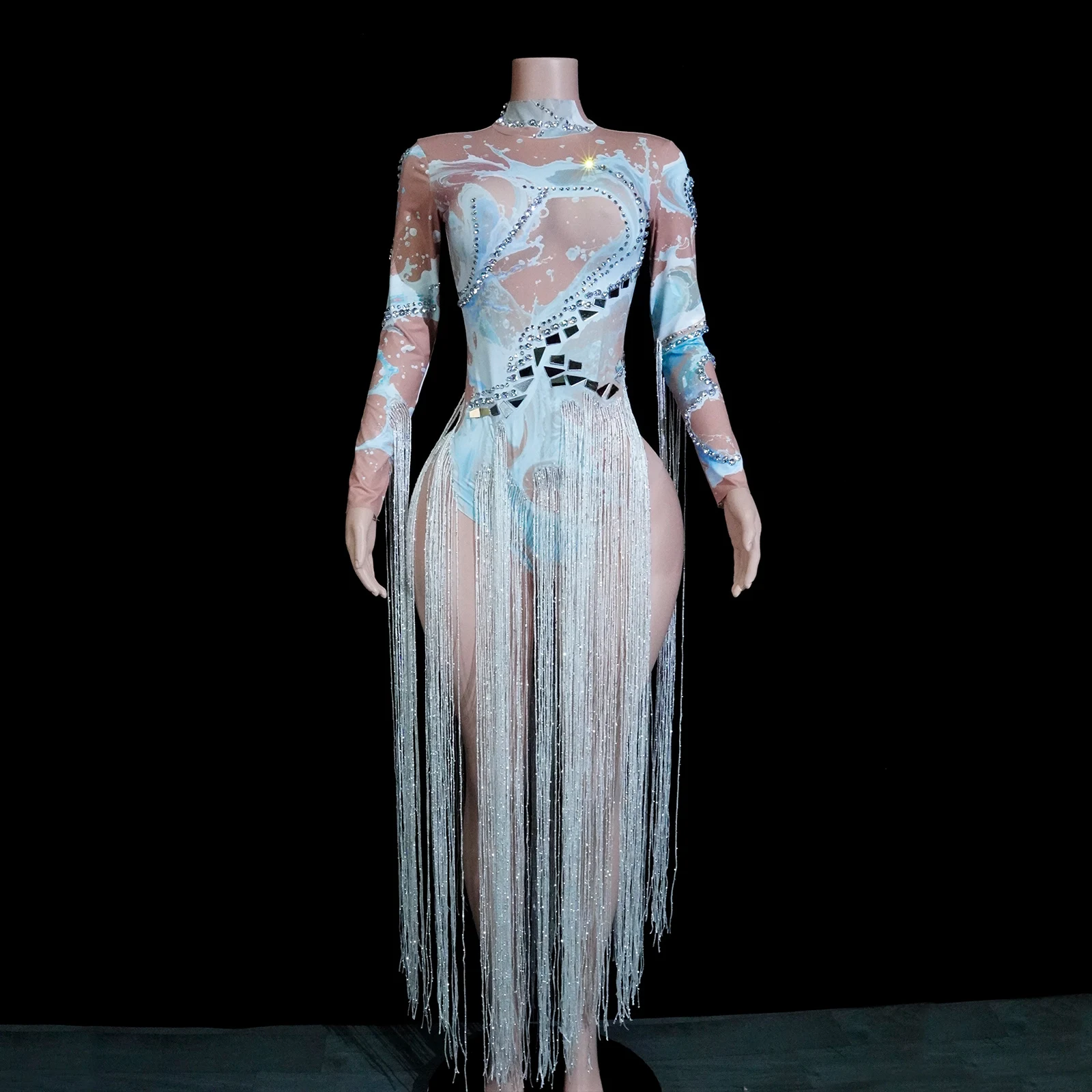 

New Rhinestones Fringes Lens Stretch White Stage Bodysuit Female Singer Outfit Bar Nightclub Leotard Showgirl Drag Queen Costume