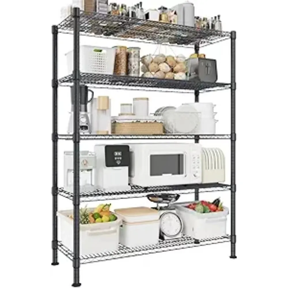 

5 Tier Black Storage Racks and Shelving - 48" L x 20" W x 72" H Heavy Steel Material Pantry Shelves - Each Unit Loads