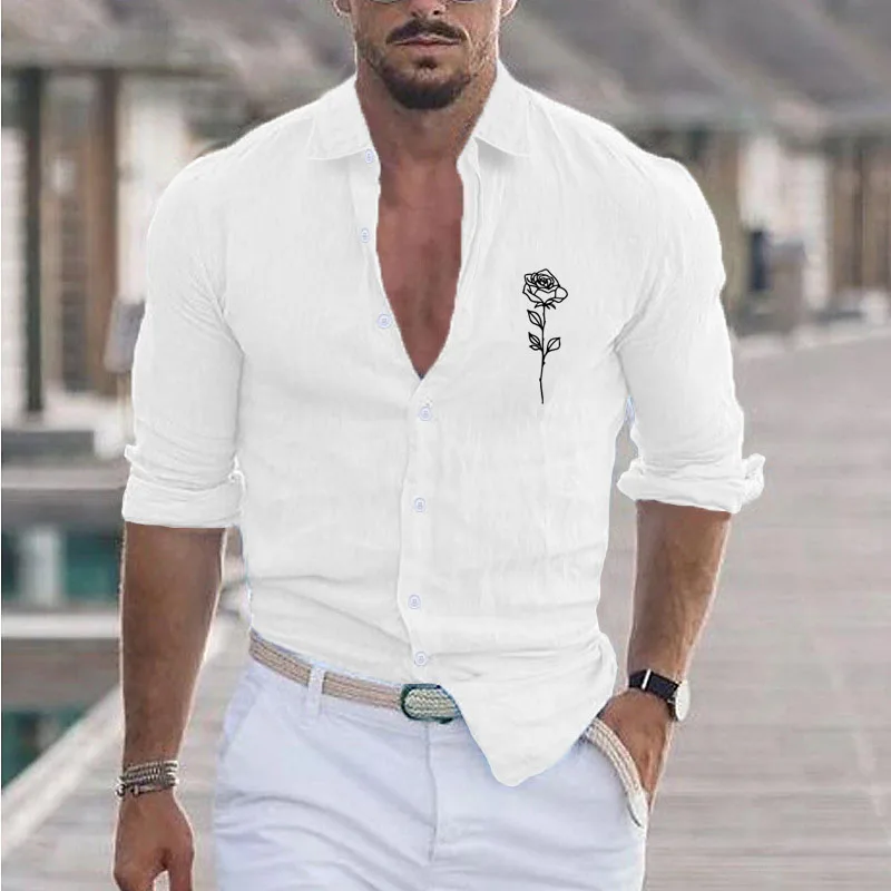 

Men's Long Sleeves Shirt Autumn New Lapel Beach Shirt Long Sleeve Solid Color Holiday Clothing Rose Pattern Men Clothing