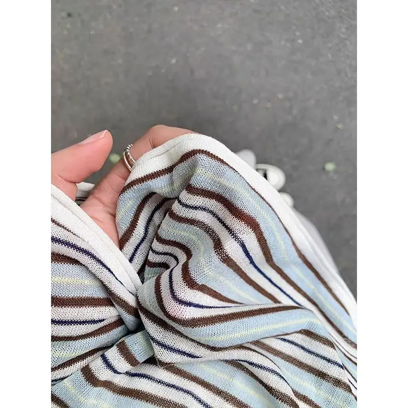Summer Autumn Sun Protection Long Sleeve Women's Korean Style Color-blocking Striped Ice Silk Loose Top Simple Casual T-Shirt