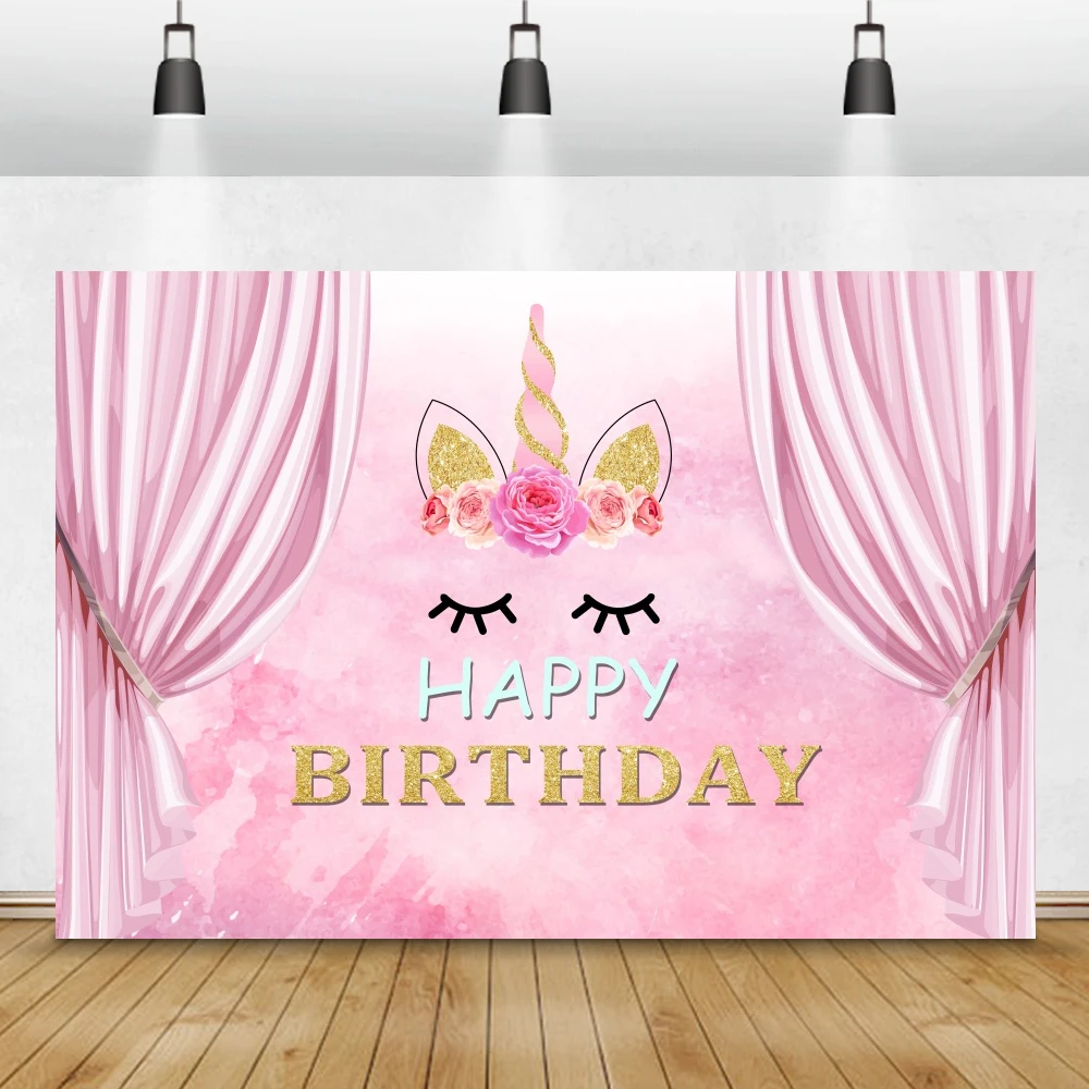 Cartone animato unicorno rosa blu Pokla Dot fotografia sfondo buon compleanno Baby Shower ritratto nome Poster personalizzato sfondo fotografico