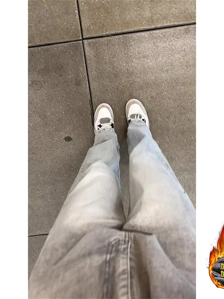 

Cement Grey Elastic Slim Fit Fleece Lined Men's Jeans High Street American Style Autumn Winter Wearable Straight Leg Jeans