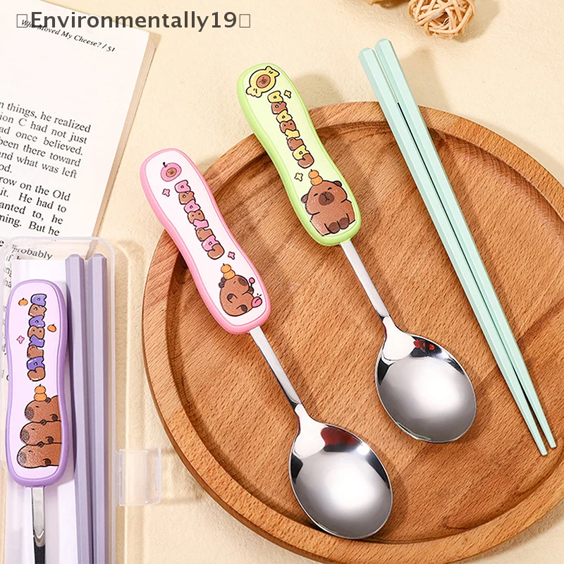 1 Set Kawaii Kapibala Spoon And Chopstick Suit Cartoon Portable Tableware Gift Cute Child Stainless Steel Spoon Silicone Handle