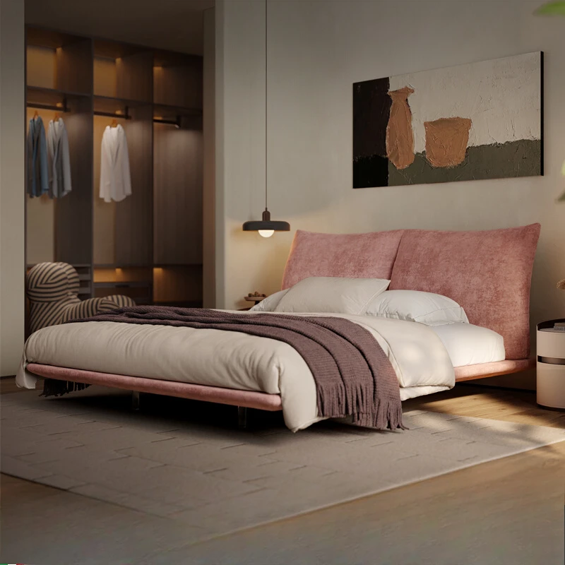 

Modern Luxury Double Bed Velvet Girls Backrest Pink Hotel Twin Bedroom Beds King Size Floating Princesse Cama Furniture Home