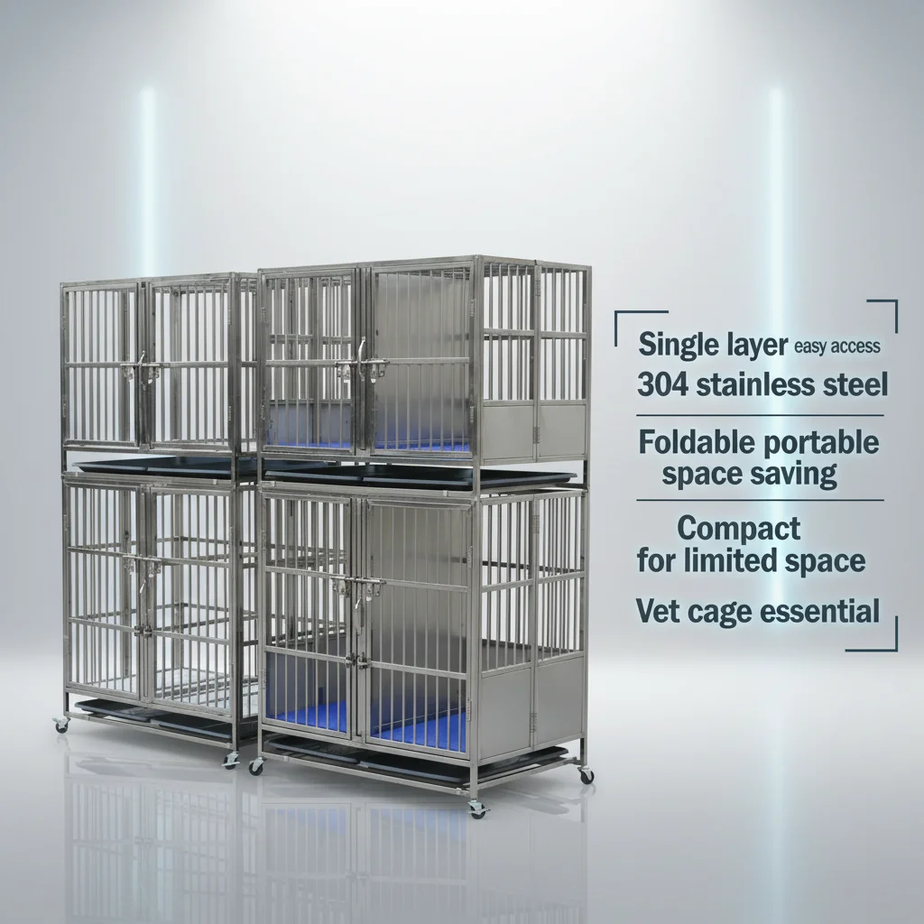 2 Layers High Stainless Steel Pet Folding Cage 94x63x130cm Stackable Portable Veterinary Equipment Foldable Design