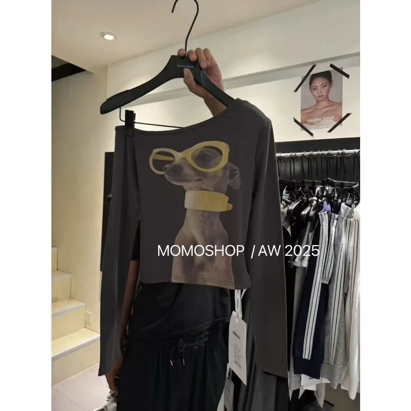 

Cartoon Funny Puppy Print Slant Collar Off-shoulder Long-sleeved T-shirt for Women Korean Style Slim-fitting Top