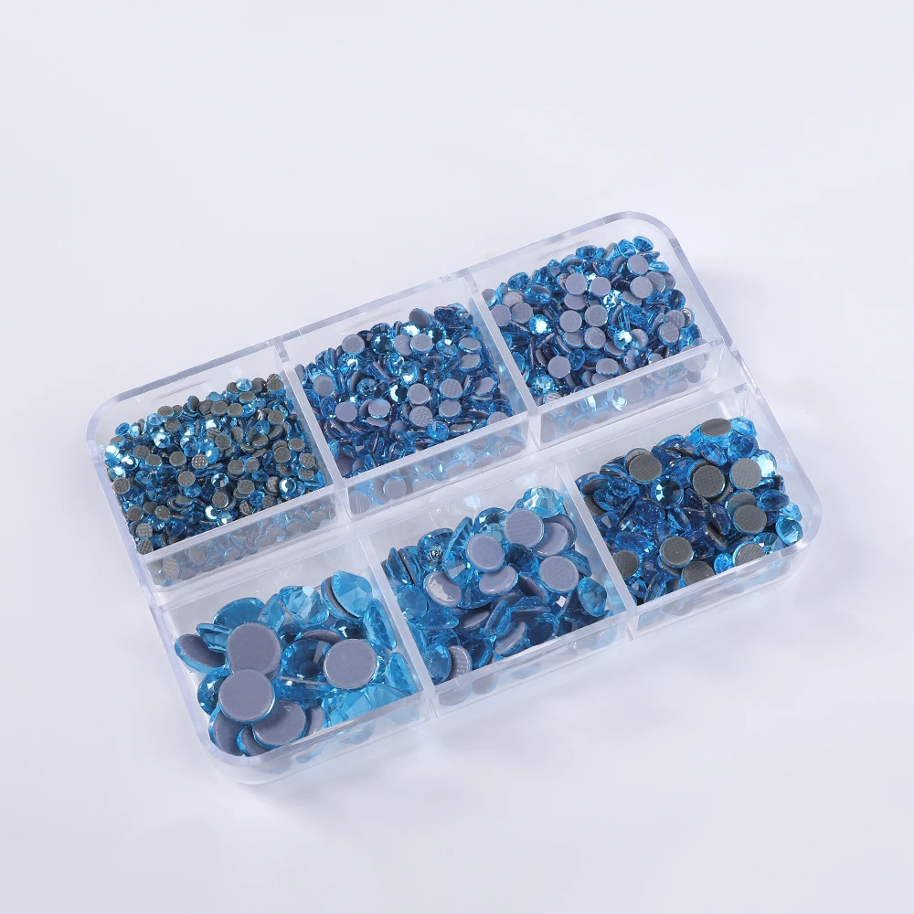 QIIY 6 Grids Glitter Nail Art Hotfix Rhinestones Boxed Mixed Sizes Glass Flatback Crystal for DIY Clothes Decorations Supplies