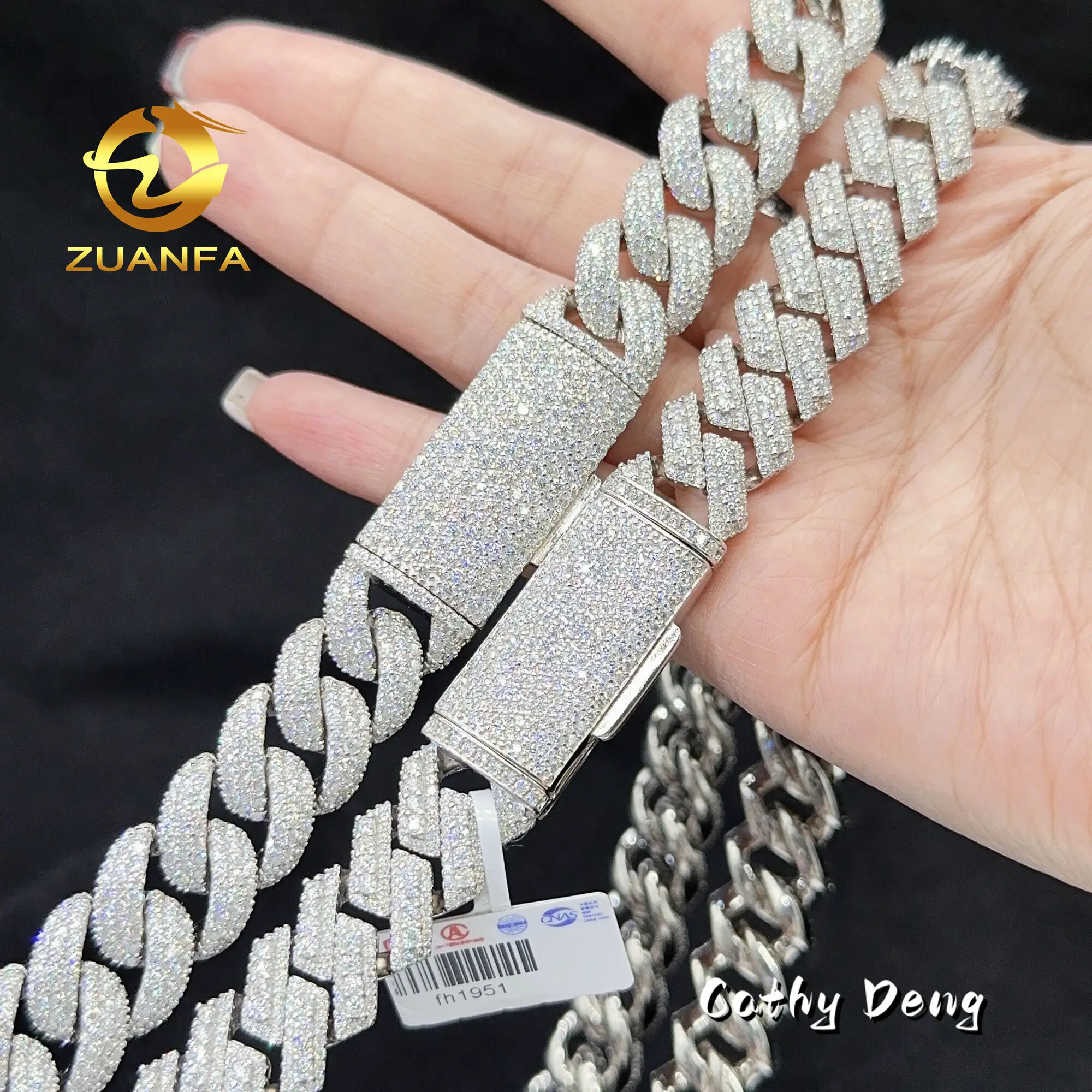 Zunfa Jewelry GRA Certificate fine jewelry 15mm 3 Row Cuban Chain Hip Hop 925 Sterling Silver Vvs Mossanite Chain link Cuban