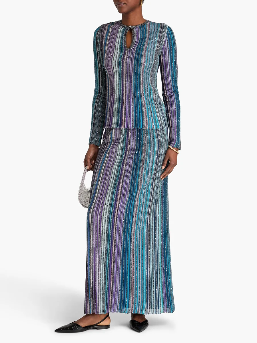 VGH Elegante, stijlvolle gestreepte gebreide tweedelige set voor dames, afslankende truien met lange mouwen, geplooide rok, outfit voor cocktail-evenementen - afbeelding 2