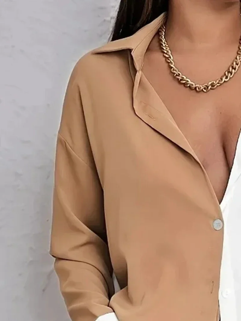 Women's Plus Size New Personality Casual Button-down Blouse Long Sleeve Patchwork Shirt Lapel Loose Blouse