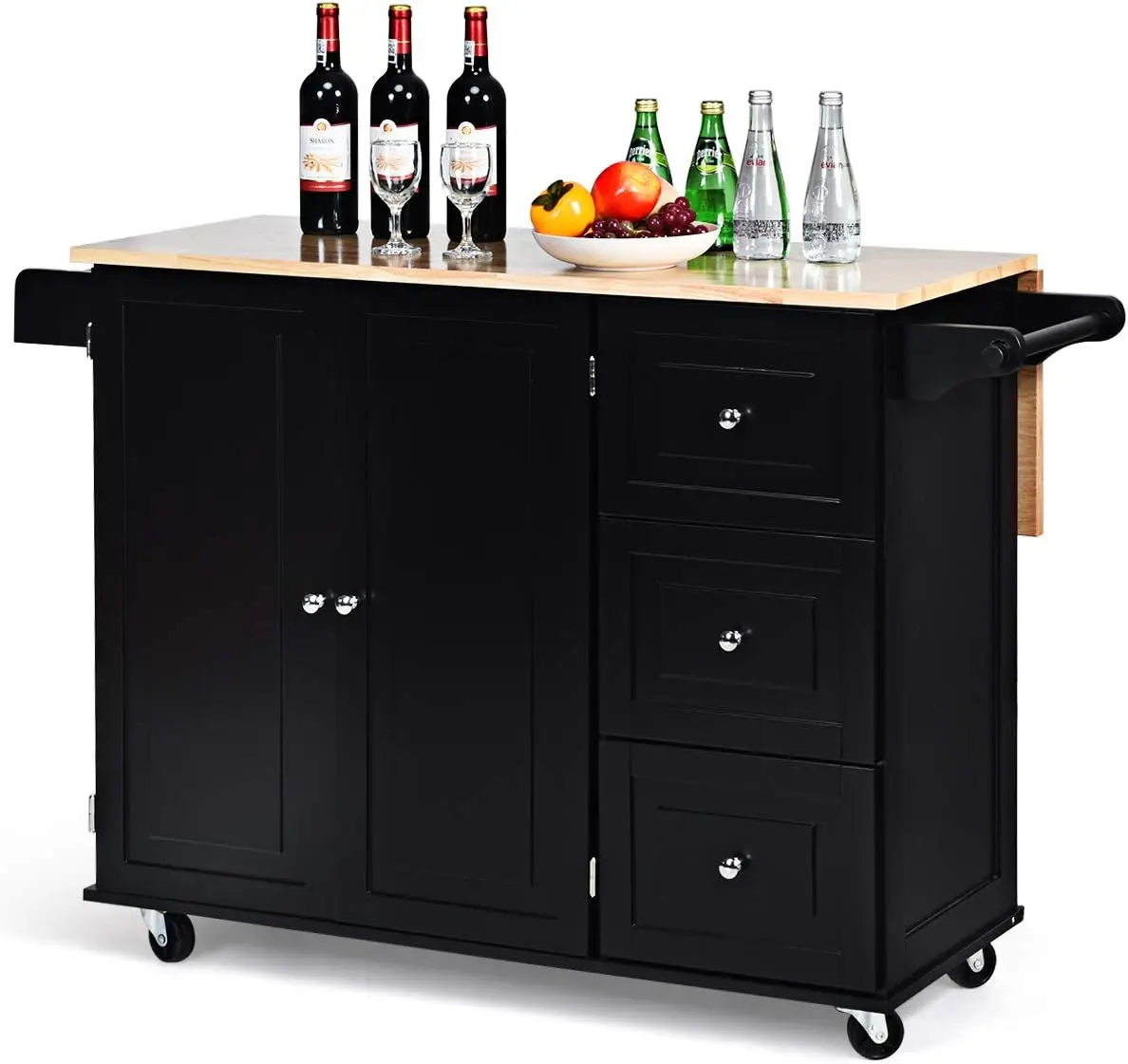 Island Cart with Drop-Leaf Tabletop, Large Trolley Cart with Large Cabinet, 3 Drawers, Towel Rack, Kitchen and D