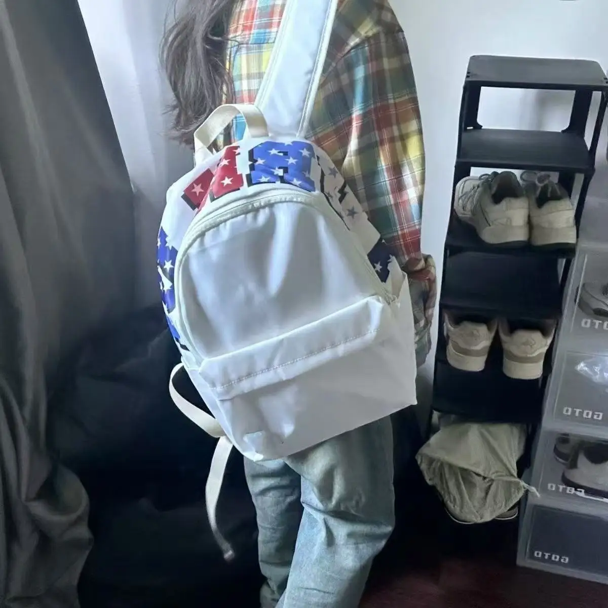 American Retro Red and Blue Letters Student Schoolbag Large Capacity Storage Bag Backpack Commuting Textbook Storage Unisex