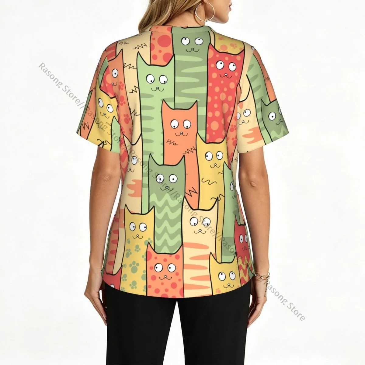Women's Scrub Tops Short Sleeve Workwear Shirts V Neck Fitness Nursing Uniform Funny Cat And Eyes Pullover Doctor Nursing Shirt