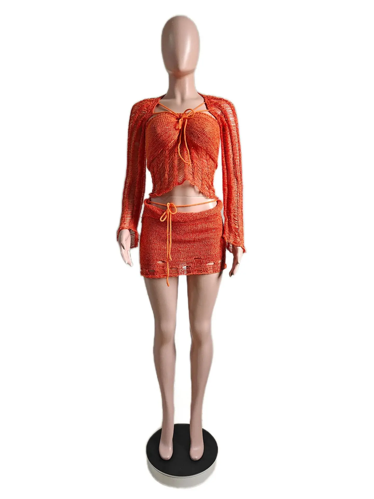 

New Fashion Sexy Long Sleeve Strapless Sequins Knitted Solid Color Slim Fit Lace-up Cardigan + Tank Top + Skirt Sets ,11 Colors