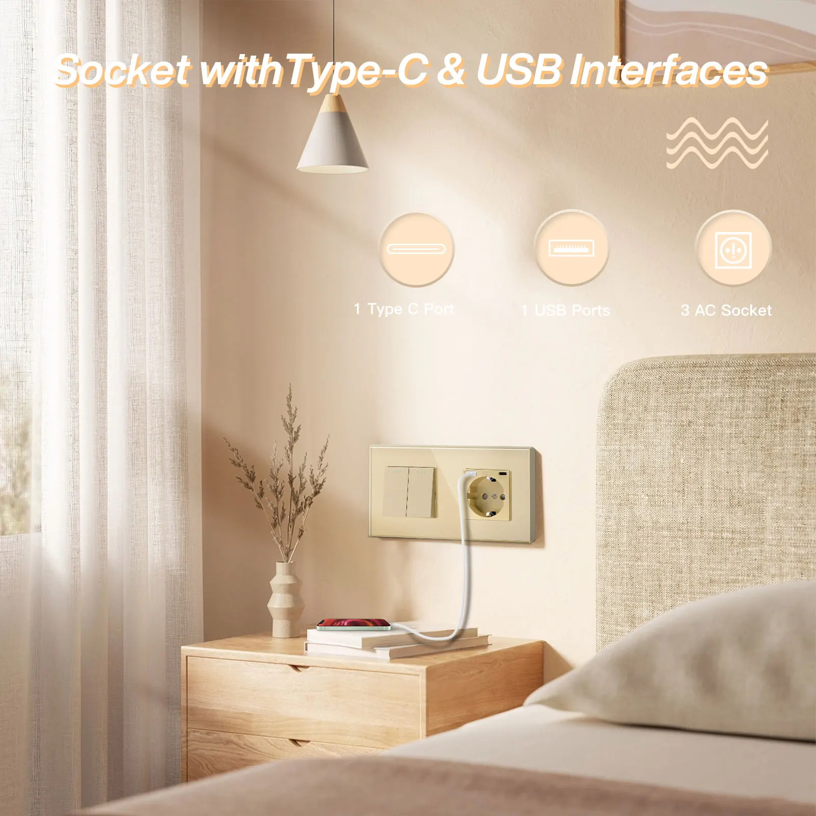 BSEED 1/2/3 عصابة الجدار مفاتيح الإضاءة 2 طريقة أزرار ميكانيكية تمرير من خلال إيقاف التبديل مع نوع c USB الاتحاد الأوروبي مآخذ لوحة زجاجية