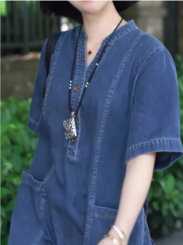 Corte holgado de longitud media V-Ne ort Sve Denim Dr mujer de talla grande novedad de verano Sle coreano Sle Casual cintura alta Dr