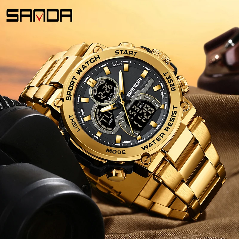 SANDA 6183 Fashion Men\'s Electronic Watch Personalized Cool Night Light Multi functional Waterproof Steel Strip Men\'s Watch 2024